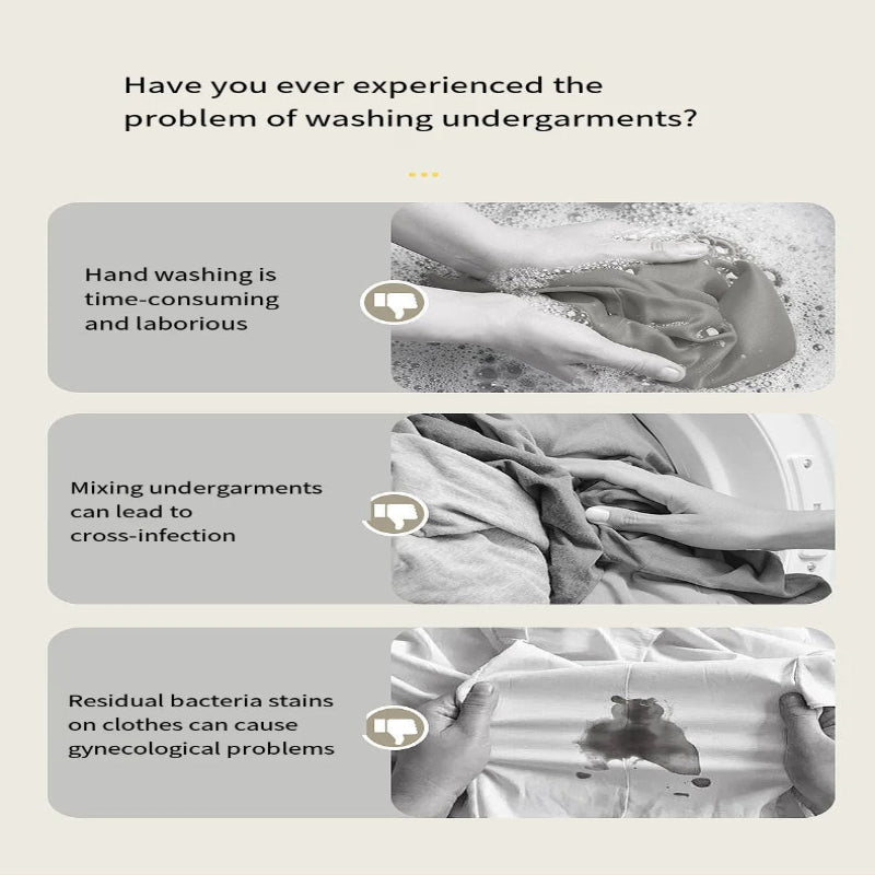 An informational graphic with the headline 'Have you ever experienced the problem of washing undergarments?' above three grayscale panels showing hands washing clothes, mixing garments, and a stained shirt. The left side includes text about hand washing being time-consuming and laborious, mixing causing cross-infection, and residual bacteria stains.