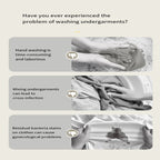 An informational graphic with the headline 'Have you ever experienced the problem of washing undergarments?' above three grayscale panels showing hands washing clothes, mixing garments, and a stained shirt. The left side includes text about hand washing being time-consuming and laborious, mixing causing cross-infection, and residual bacteria stains.