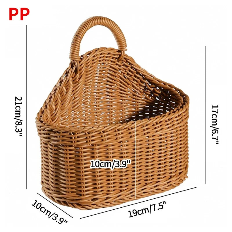 Wicker basket with dimensions labeled on a white background