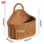Wicker basket with dimensions labeled on a white background