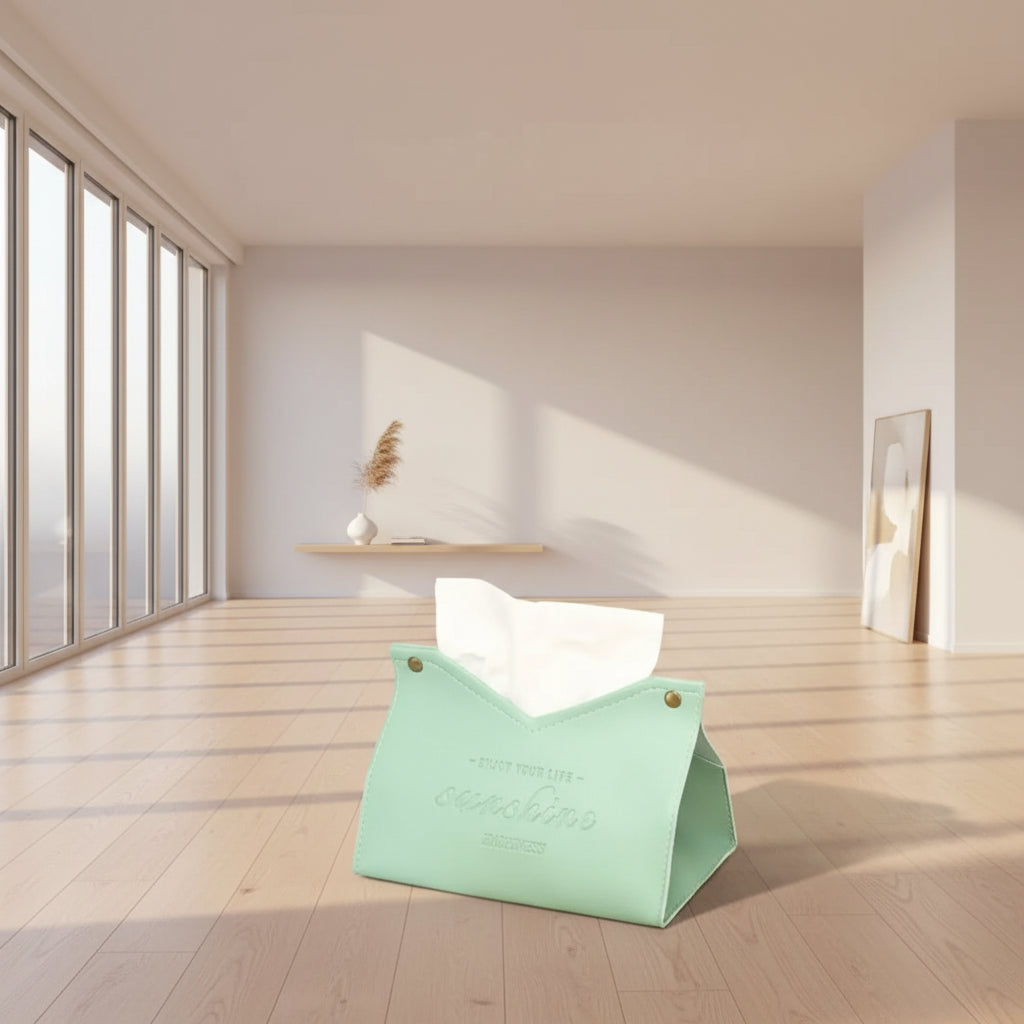 Mint green pouch with 'Enjoy your life, enjoy life' text on a wooden surface.