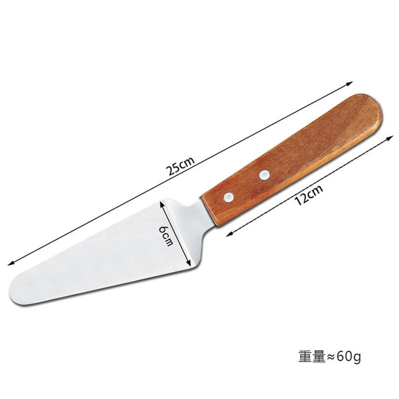 Spatula with wooden handle and metal blade, shown with measurements on a white background.