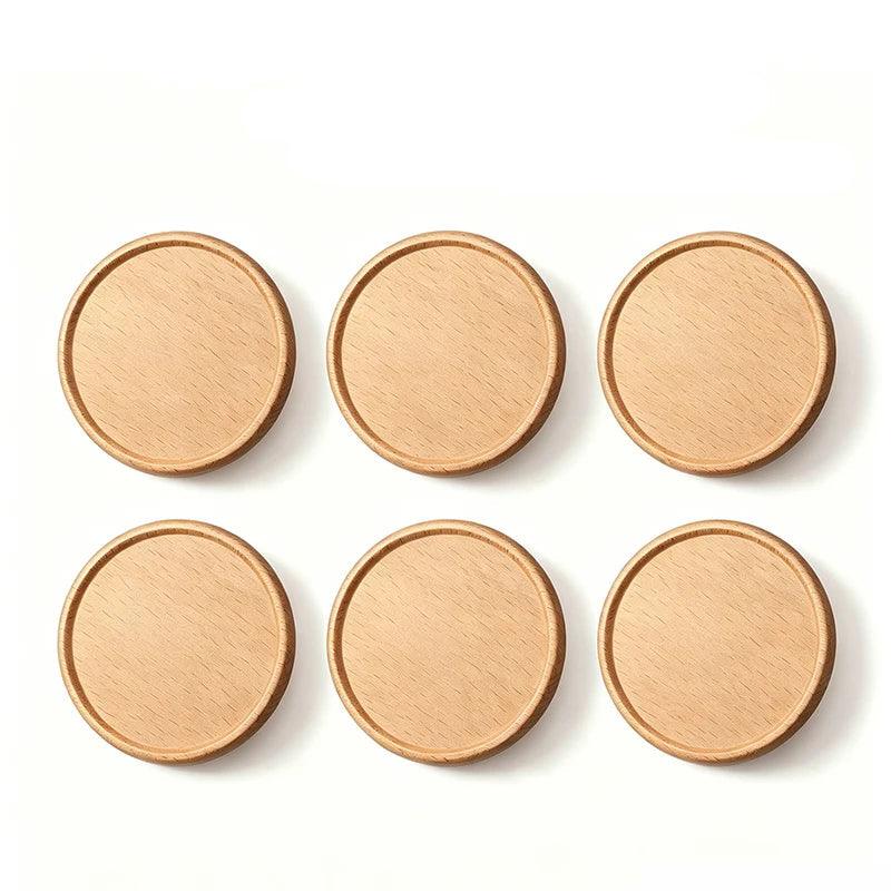 Six wooden coasters on a white background with '6PCS' in red text above.