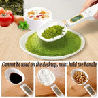 Digital kitchen scale measuring various ingredients on a wooden surface.