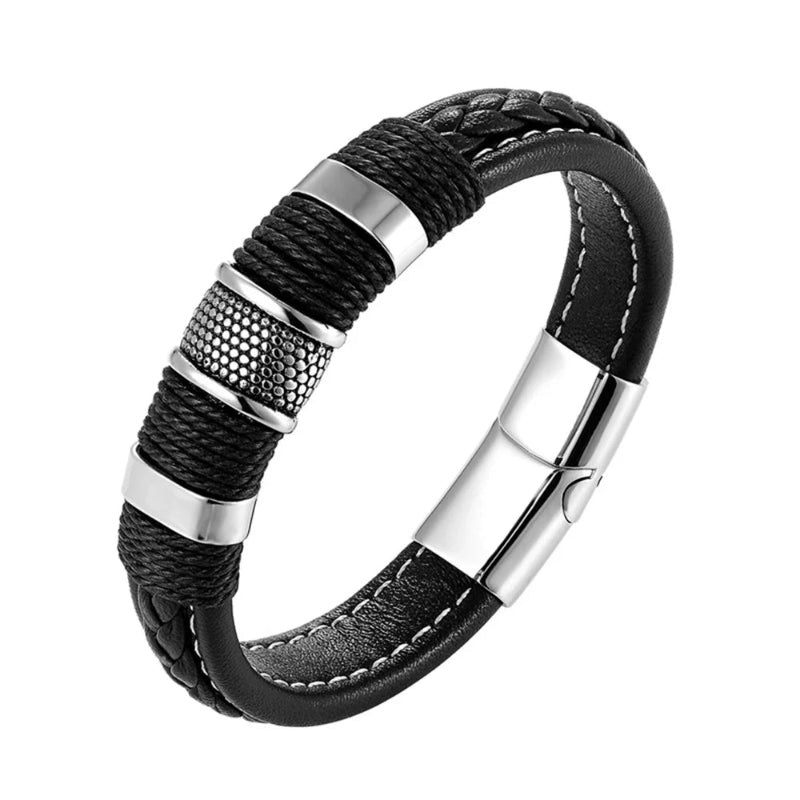 Black braided leather bracelet with silver accents on a white background