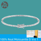 Silver bracelet with moissanite stones on a teal background, featuring a 925 sterling silver stamp.