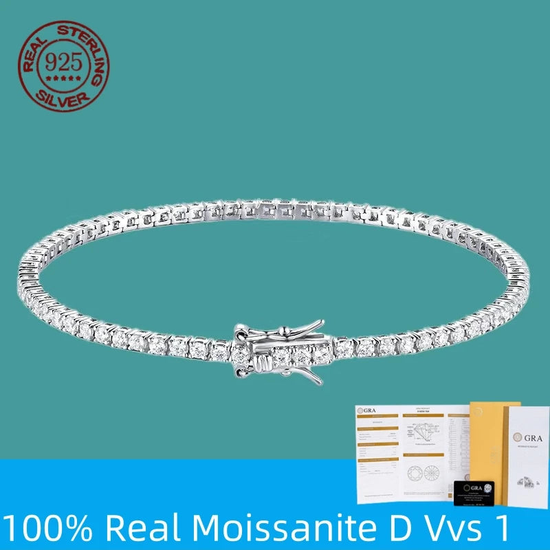 Silver bracelet with moissanite stones on a teal background, featuring a 925 sterling silver stamp.