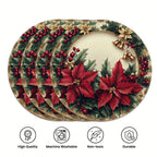 Four round holiday-themed placemats stacked together on a white background, featuring a festive border with poinsettias, holly leaves, red berries, gold bells, and gold floral accents. Four circular icons at the bottom highlight product qualities: high quality, machine washable, non-toxic, and durable.