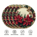 Four round holiday-themed placemats stacked together on a white background, featuring a festive border with poinsettias, holly leaves, red berries, gold bells, and gold floral accents. Four circular icons at the bottom highlight product qualities: high quality, machine washable, non-toxic, and durable.