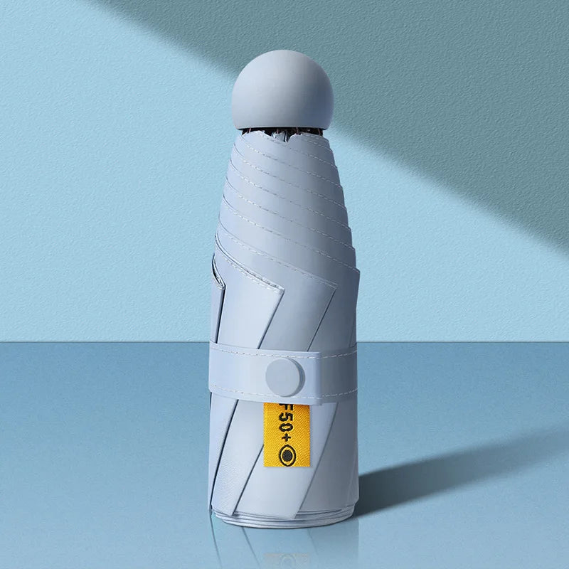 Collapsible umbrella with a white handle and black accents on a light blue background