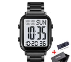 Black digital watch with metal strap and string adjuster on a white background, featuring the Skmei brand.