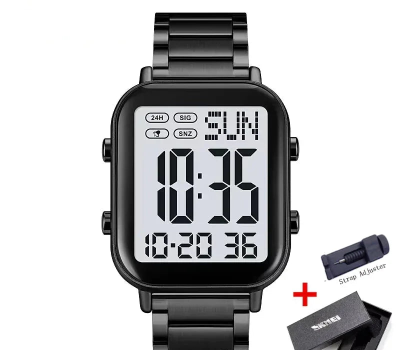 Black digital watch with metal strap and string adjuster on a white background, featuring the Skmei brand.