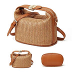 Woven handbag with brown leather accents on a white background