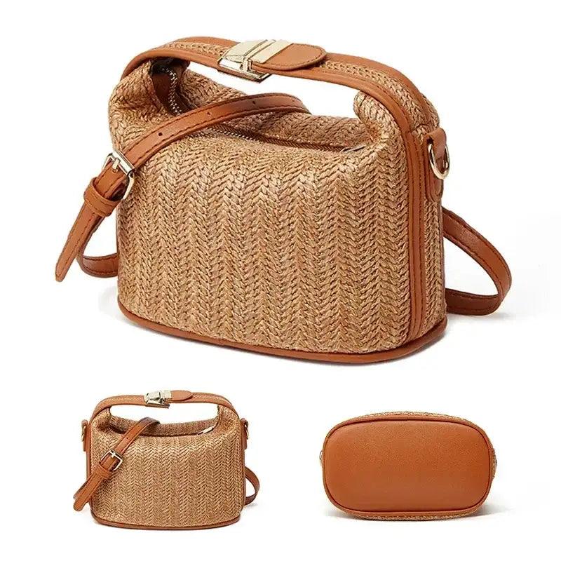 Woven handbag with brown leather accents on a white background