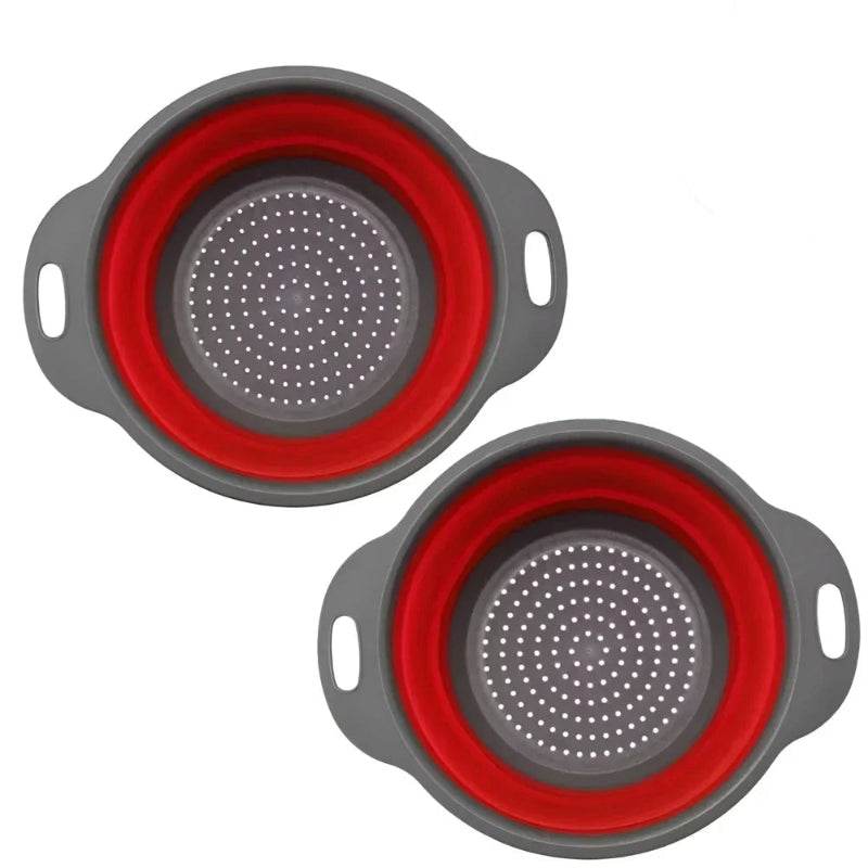 EMESA HOME Round Foldable Silicone Colander – Collapsible Kitchen Fruit & Vegetable Washing Basket Strainer Drainer Tool L Red 2PCS