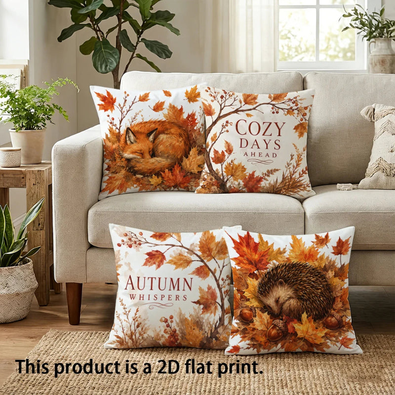 Four decorative throw pillows with autumn-themed prints are arranged on a beige sofa in a living room setting. The prints feature foxes, hedgehogs, and fall leaves with text reading 'Cozy Days Ahead,' 'Autumn Whispers,' and 'This product is a 2D flat print.