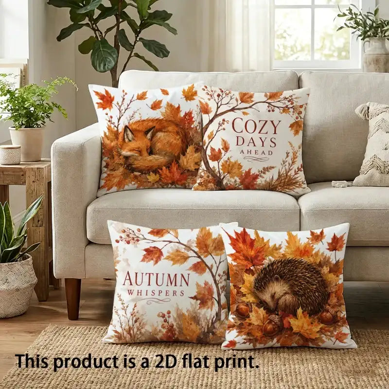 Four decorative throw pillows with autumn-themed prints are arranged on a beige sofa in a living room setting. The prints feature foxes, hedgehogs, and fall leaves with text reading 'Cozy Days Ahead,' 'Autumn Whispers,' and 'This product is a 2D flat print.