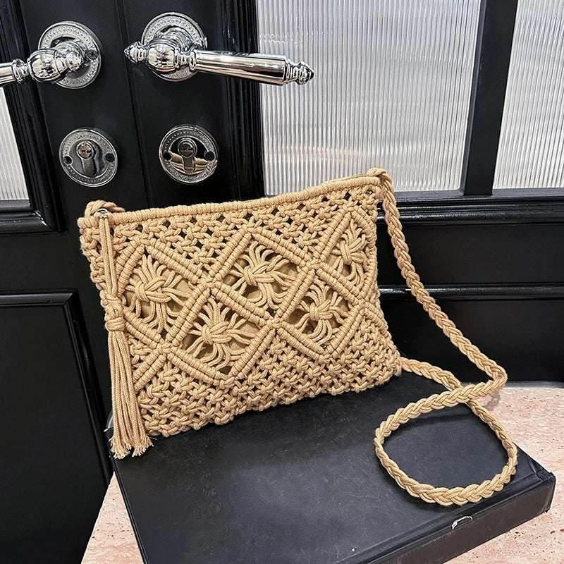 EMESA HOME Woven Hollow Out Shoulder Bag – Women’s Summer Tassel Crossbody Beach Travel Handbag & Messenger Purse - EMESA HOME™