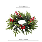 Green artificial pine wreath with red berries, shown on a white background with dimension lines indicating 28cm width and 8.5cm height.