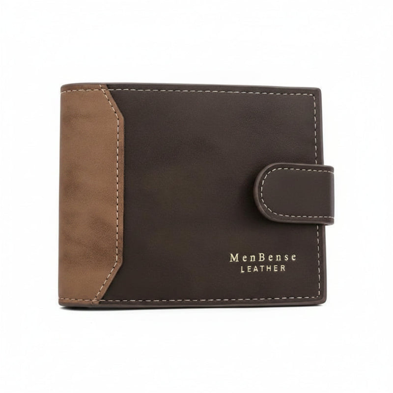Dark Brawn leather wallet with brown accent and 'MenBense Leather' branding on a white background