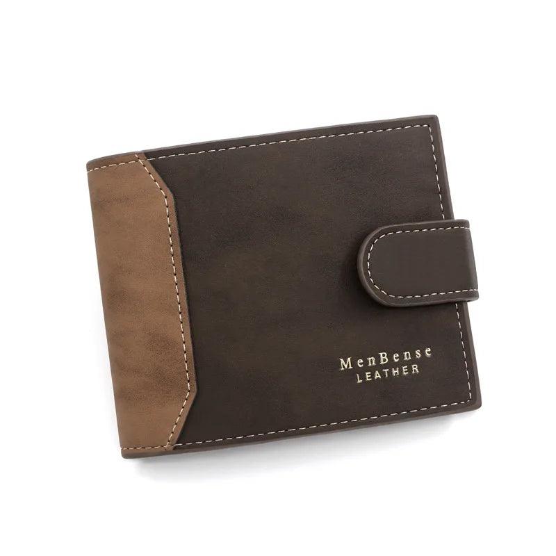 Dark Brawn leather wallet with brown accent and 'MenBense Leather' branding on a white background