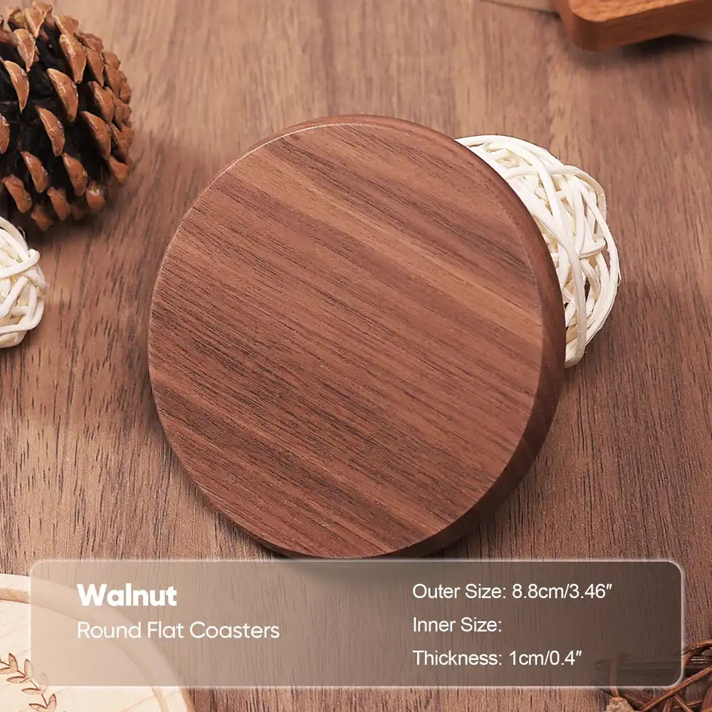 Round flat coaster with wooden finish on a wooden surface