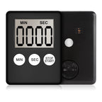 A digital countdown timer shown from two angles: a front view with a black casing, LCD display showing '00:00', and three white buttons labeled MIN, SEC, and STOP/START; a second view from the back showing a round white button, small indicator lights, and a rotary switch.