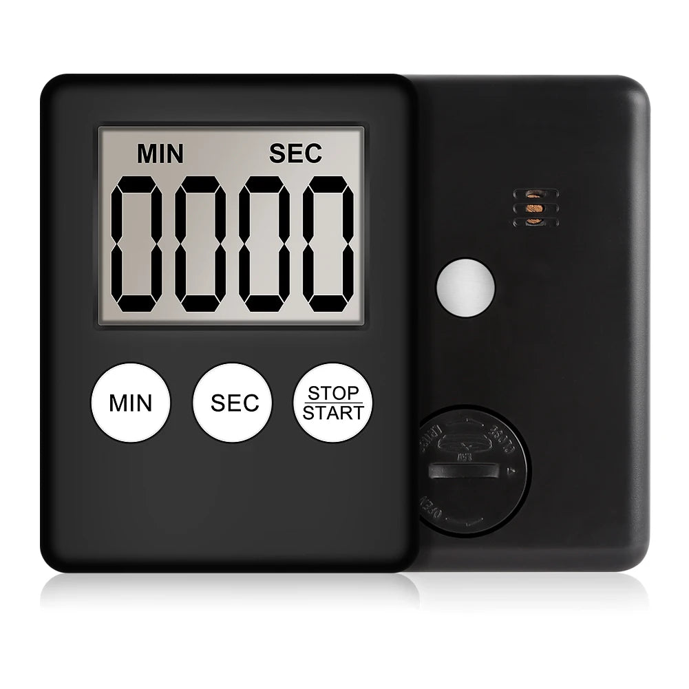 A digital countdown timer shown from two angles: a front view with a black casing, LCD display showing '00:00', and three white buttons labeled MIN, SEC, and STOP/START; a second view from the back showing a round white button, small indicator lights, and a rotary switch.