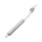 Stainless steel vegetable peeler on a white background