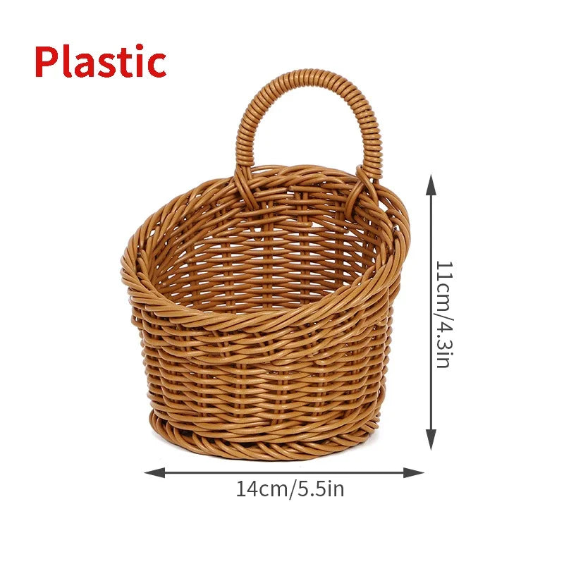 Wicker basket with handle and dimensions on a white background