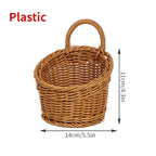 Wicker basket with handle and dimensions on a white background
