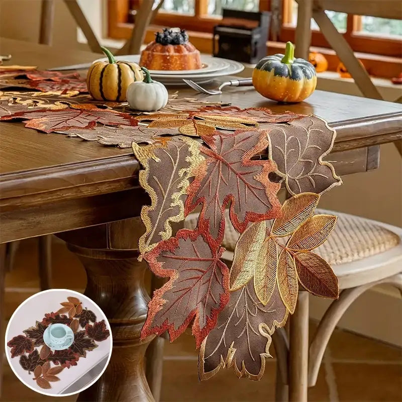 EMESA HOME Autumn Maple Leaves & Harvest Pumpkin Linen Table Runner