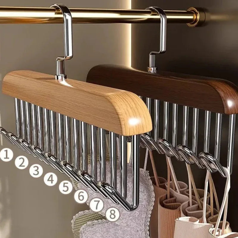 Multifunctional sling clothes hanger with wooden and metal design, showing capacity for eight pieces.