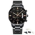 Black wristwatch with detailed face and metal strap on a white background, featuring the NIBOSI brand.