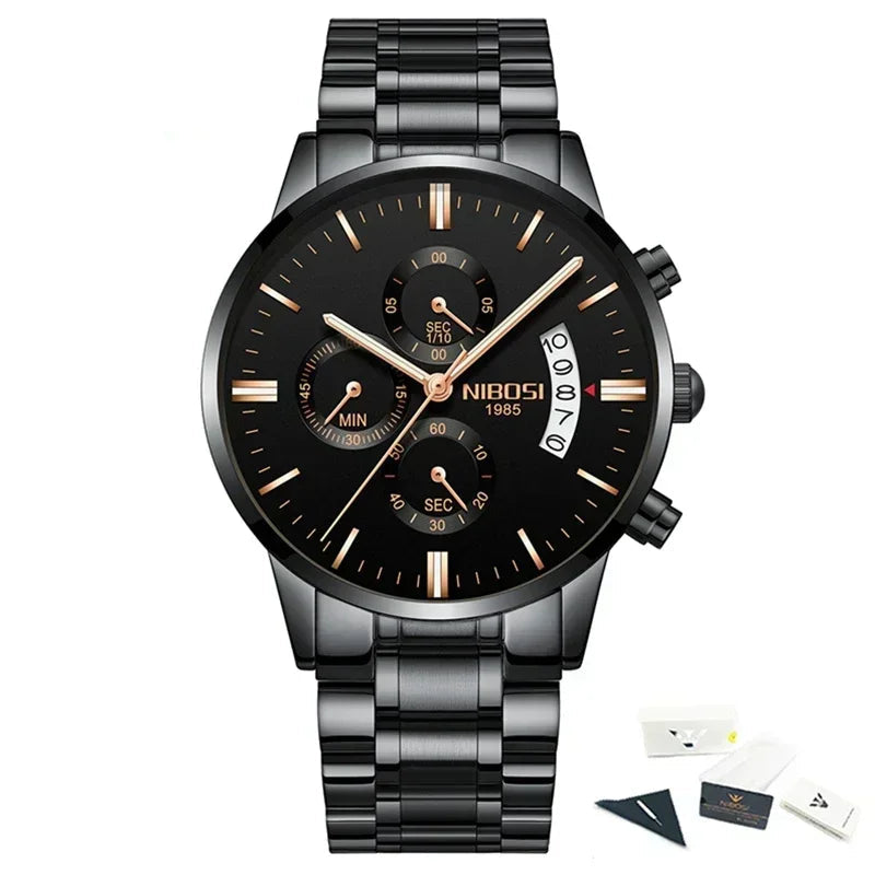 Black wristwatch with detailed face and metal strap on a white background, featuring the NIBOSI brand.