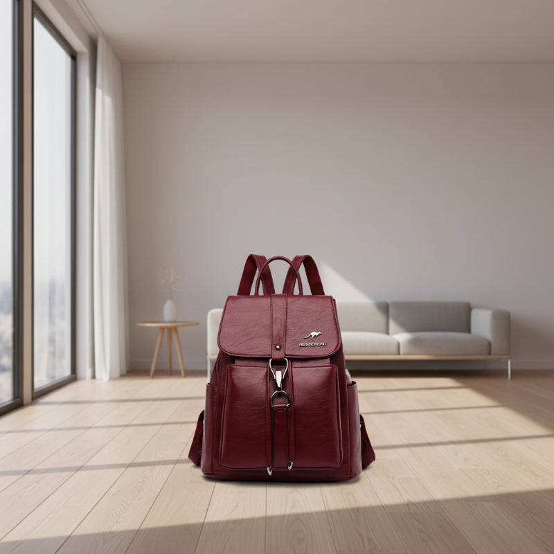 Maroon backpack with a brand logo on a white background