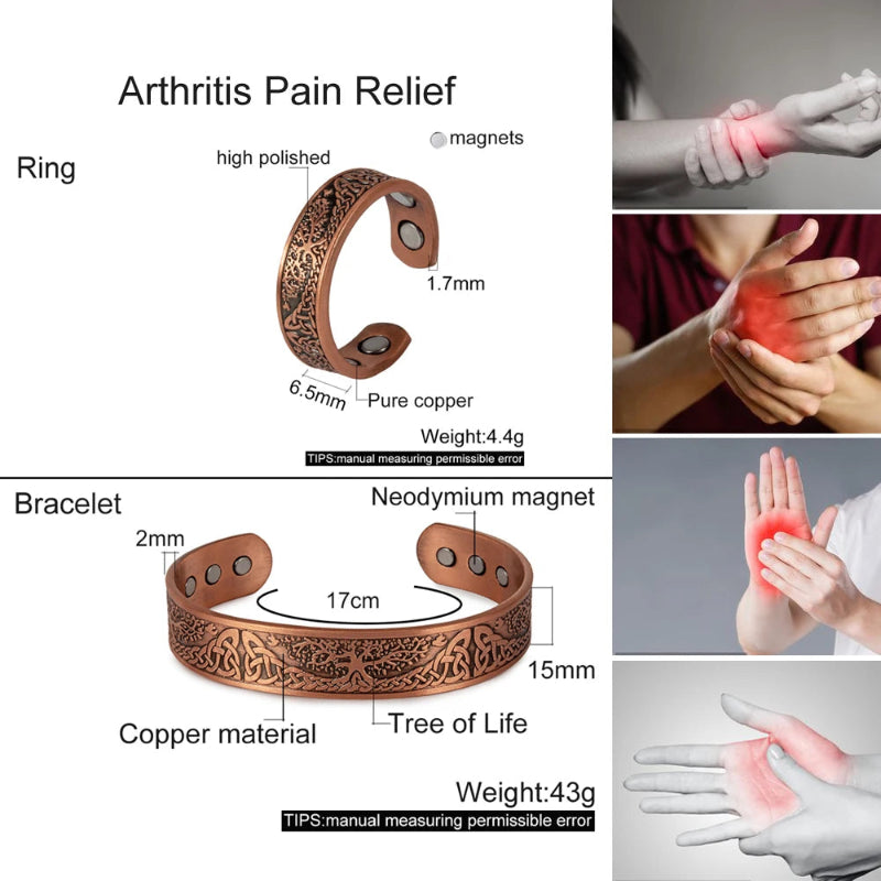 Copper bracelet and ring for arthritis pain relief with measurements and images of hands holding a red object.