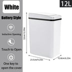 White battery-style trash can with dimensions and features on a gray background