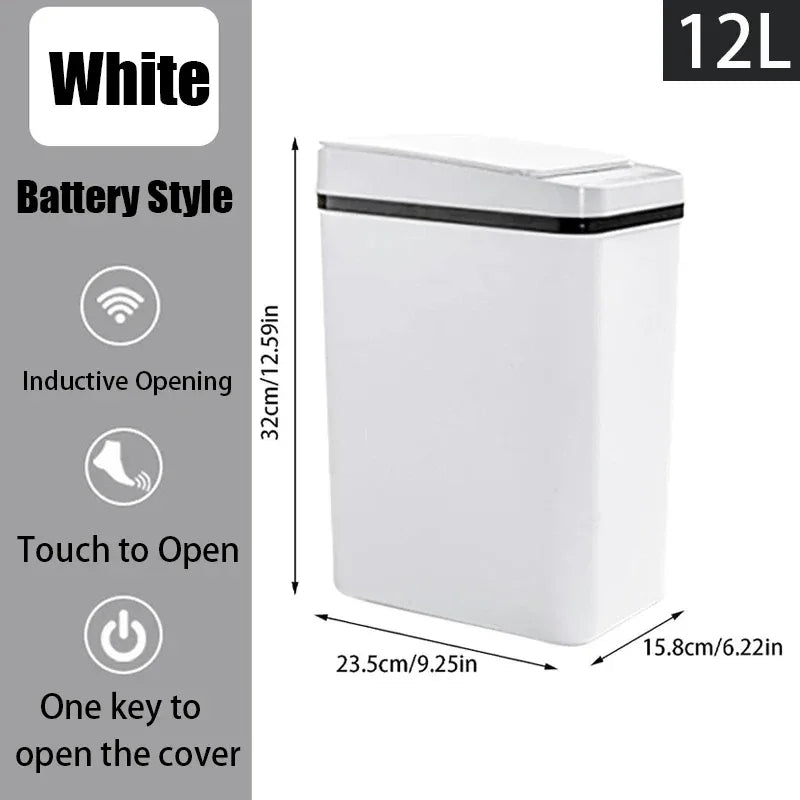 White battery-style trash can with dimensions and features on a gray background