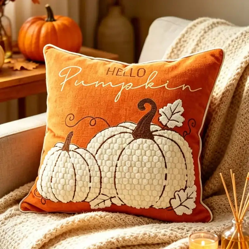 An orange autumn throw pillow with 'HELLO Pumpkin' text and quilted cream pumpkins, styled on a beige knit blanket in a cozy living room setting.