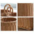 Wicker basket with handles shown from different angles on a white background