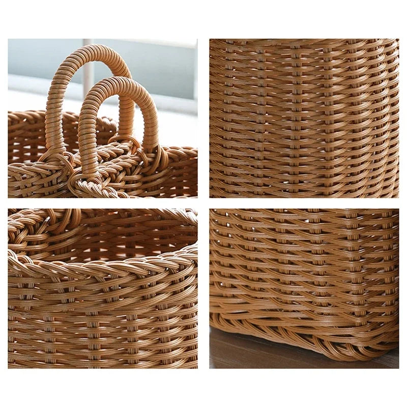 Wicker basket with handles shown from different angles on a white background