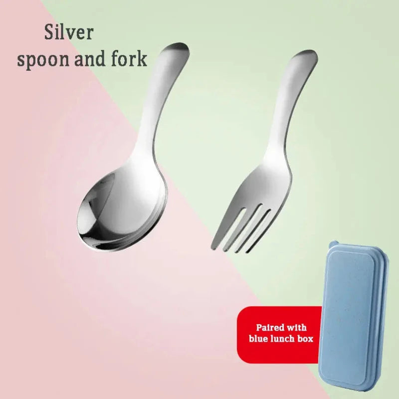 Silver spoon and fork with a blue lunch box on a pastel background
