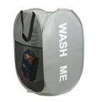 Gray laundry bag with 'WASH ME' text and a black mesh section on a white background