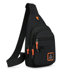 Black sling bag with orange accents on a white background