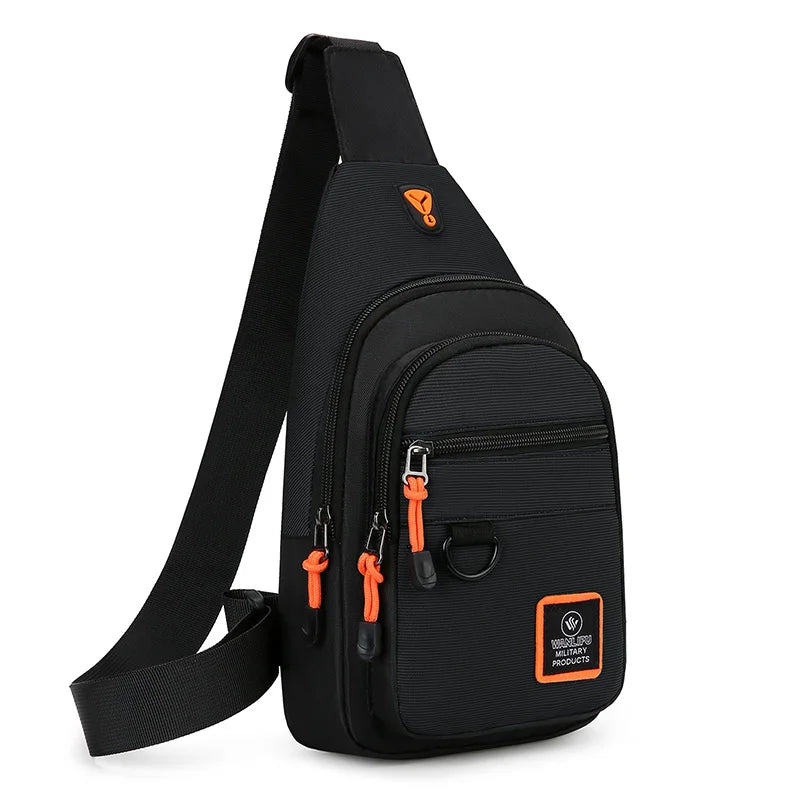 Black sling bag with orange accents on a white background