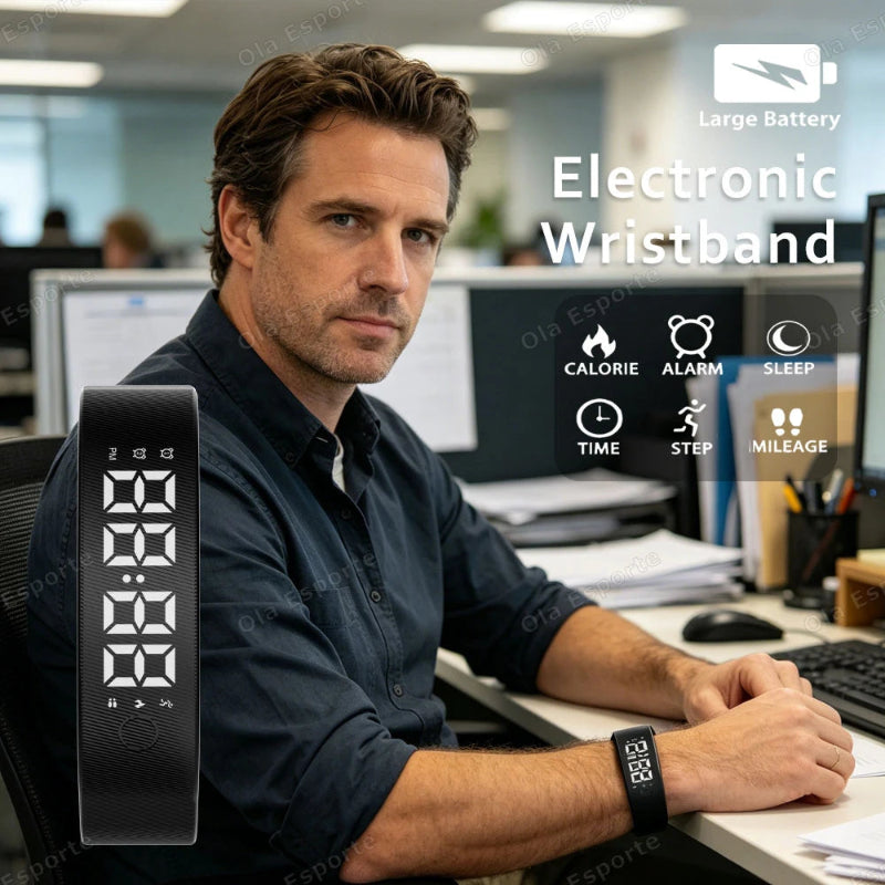 A man sitting at an office desk wearing a black electronic wristband, with a large close-up of the wristband display on the left. Text overlays read 'Large Battery' and 'Electronic Wristband' with icons for calorie, alarm, sleep, time, step, and mile age.