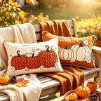 Two decorative autumn throw pillows displayed on a wooden bench outdoors, styled with a cream knit blanket, rust-colored throw, pumpkins, leaves, and a mug in warm fall sunlight.