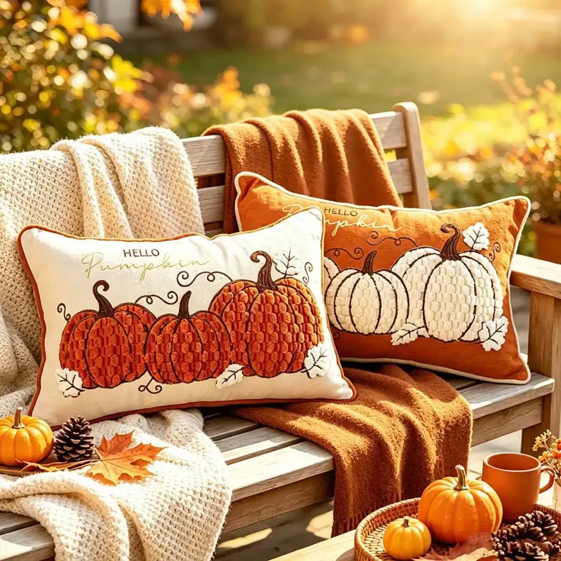 Two decorative autumn throw pillows displayed on a wooden bench outdoors, styled with a cream knit blanket, rust-colored throw, pumpkins, leaves, and a mug in warm fall sunlight.