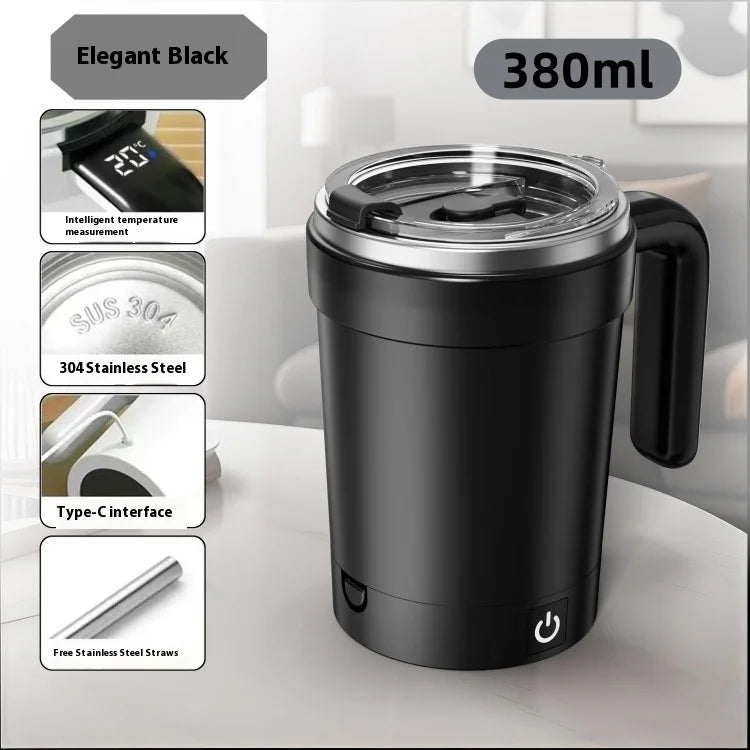 Black insulated mug with temperature measurement feature on a white surface